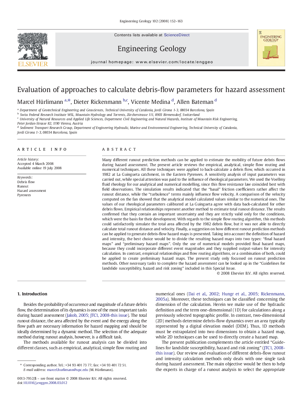 Evaluation of approaches to calculate debris-flow parameters for hazard assessment