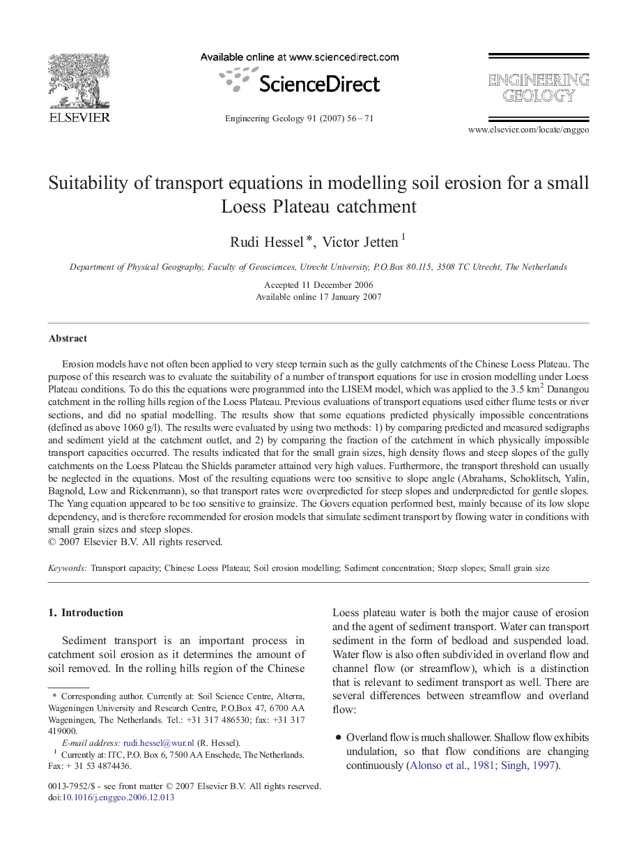 Suitability of transport equations in modelling soil erosion for a small Loess Plateau catchment