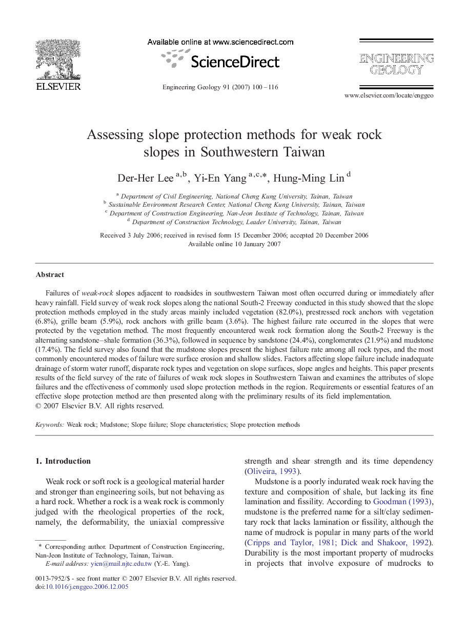 Assessing slope protection methods for weak rock slopes in Southwestern Taiwan