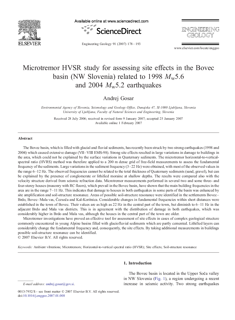 Microtremor HVSR study for assessing site effects in the Bovec basin (NW Slovenia) related to 1998 Mw5.6 and 2004 Mw5.2 earthquakes