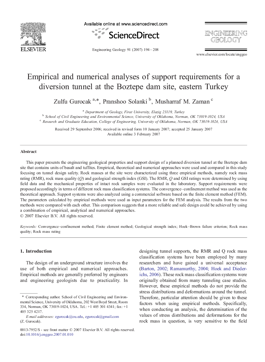 Empirical and numerical analyses of support requirements for a diversion tunnel at the Boztepe dam site, eastern Turkey