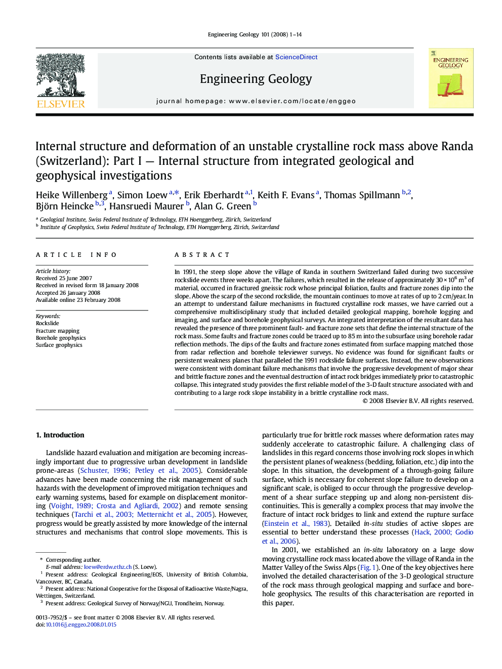 Internal structure and deformation of an unstable crystalline rock mass above Randa (Switzerland): Part I — Internal structure from integrated geological and geophysical investigations