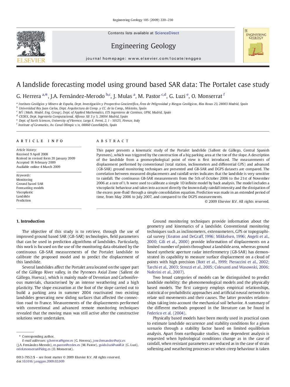 A landslide forecasting model using ground based SAR data: The Portalet case study