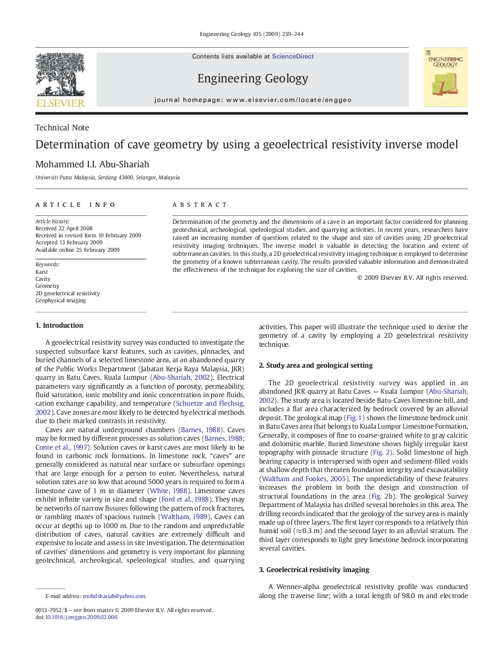 Determination of cave geometry by using a geoelectrical resistivity inverse model