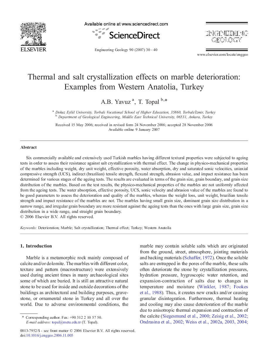 Thermal and salt crystallization effects on marble deterioration: Examples from Western Anatolia, Turkey