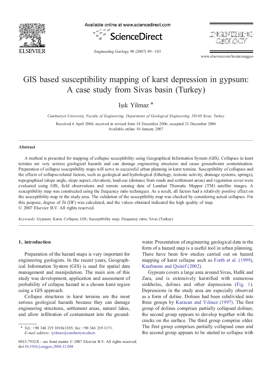 GIS based susceptibility mapping of karst depression in gypsum: A case study from Sivas basin (Turkey)