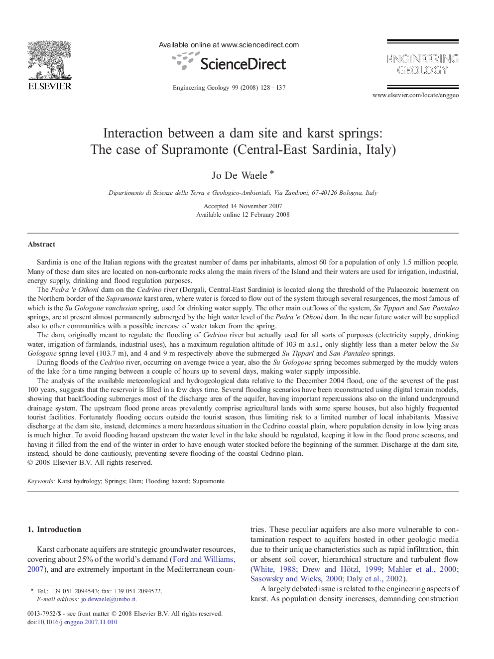 Interaction between a dam site and karst springs: The case of Supramonte (Central-East Sardinia, Italy)