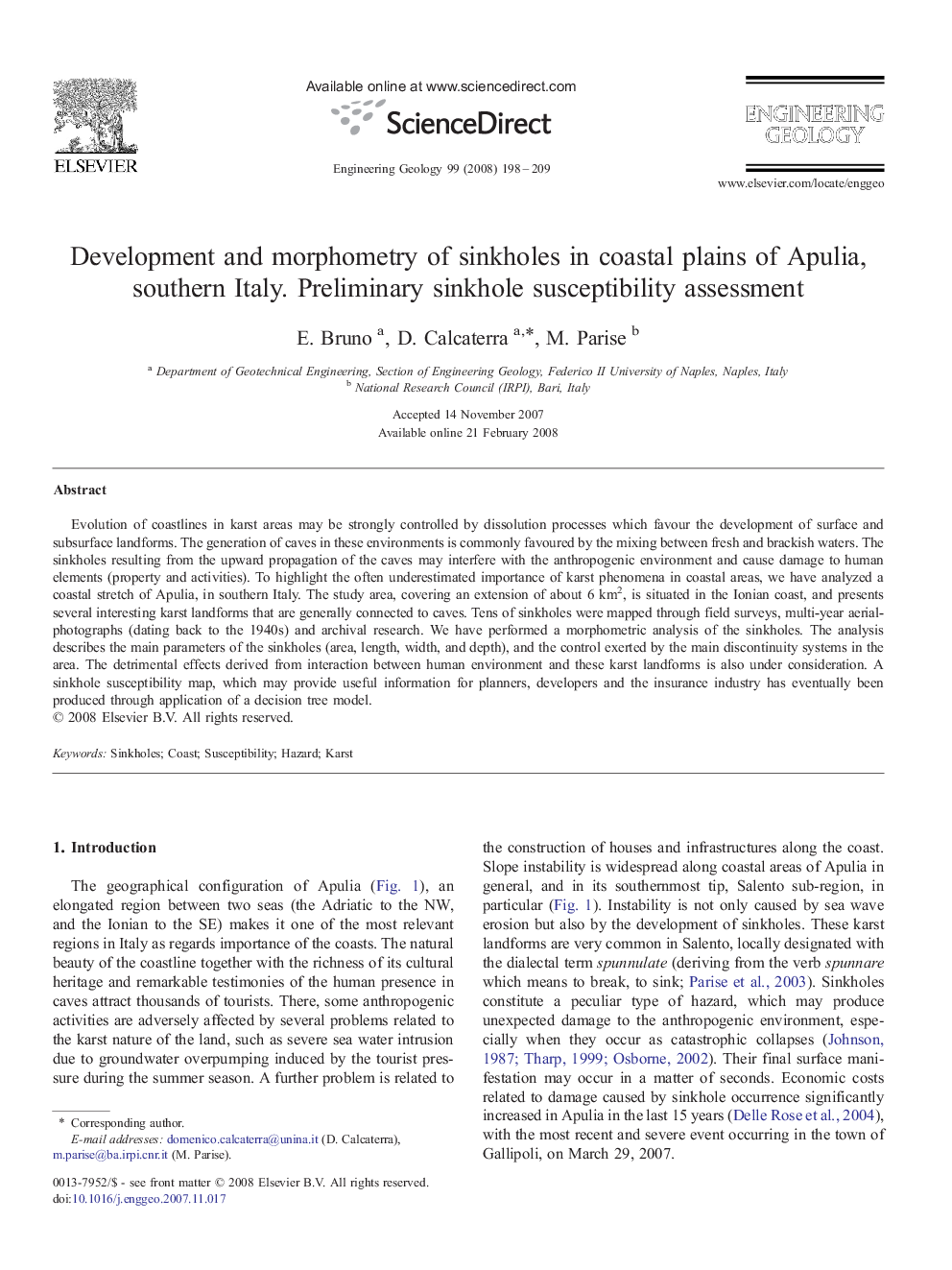 Development and morphometry of sinkholes in coastal plains of Apulia, southern Italy. Preliminary sinkhole susceptibility assessment