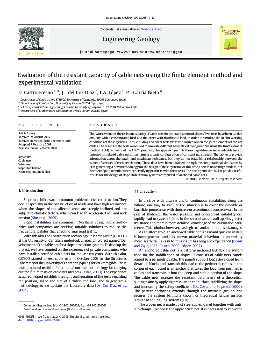 Evaluation of the resistant capacity of cable nets using the finite element method and experimental validation