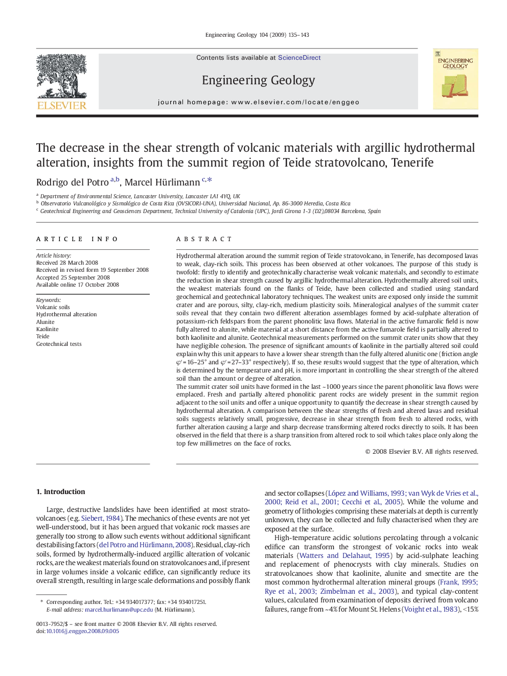 The decrease in the shear strength of volcanic materials with argillic hydrothermal alteration, insights from the summit region of Teide stratovolcano, Tenerife