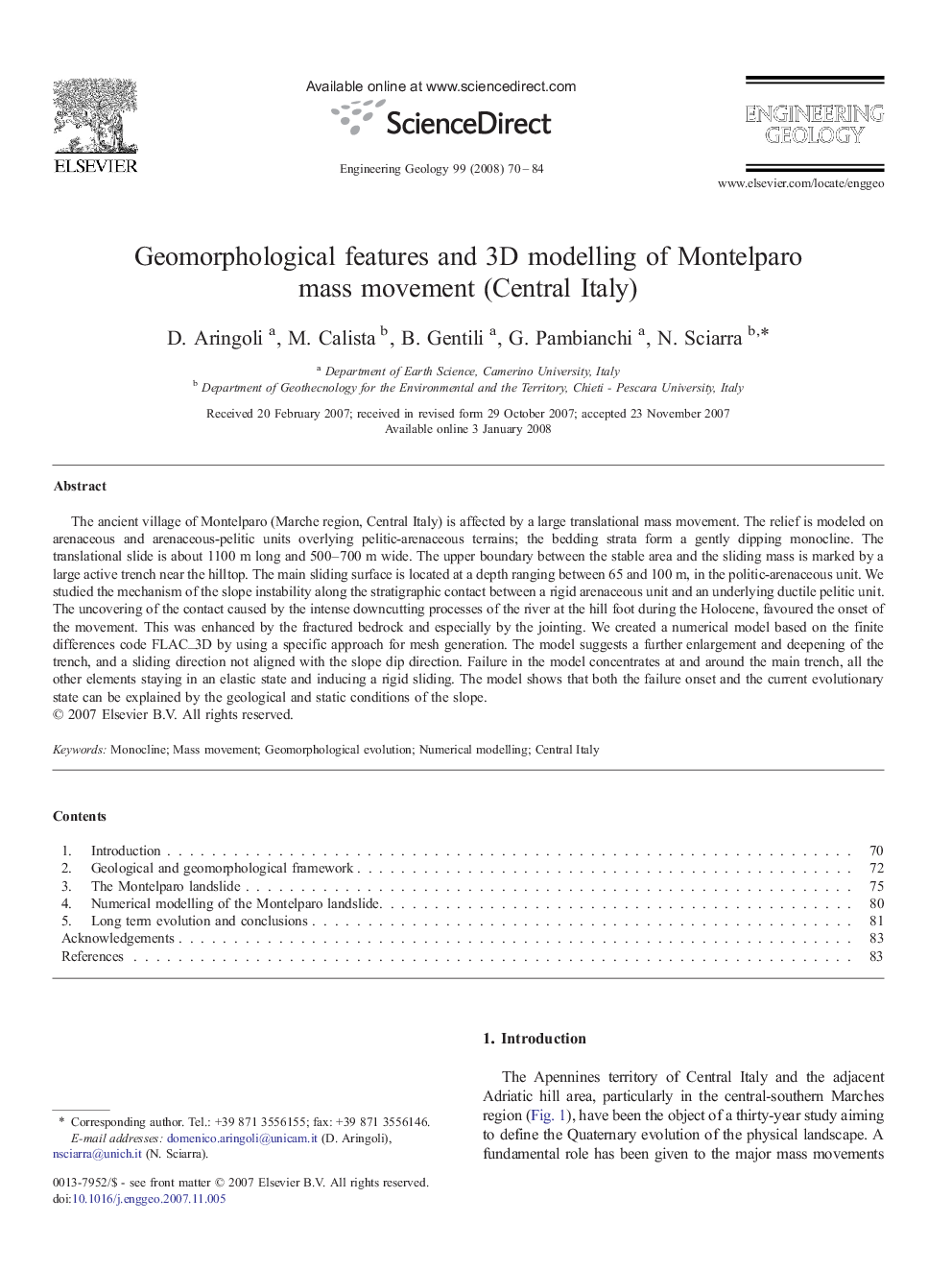 Geomorphological features and 3D modelling of Montelparo mass movement (Central Italy)