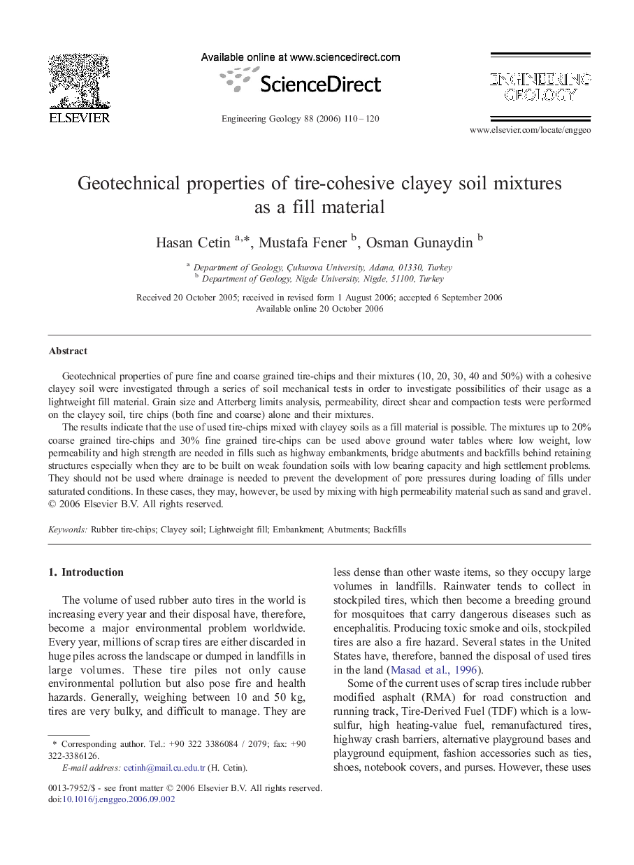 Geotechnical properties of tire-cohesive clayey soil mixtures as a fill material