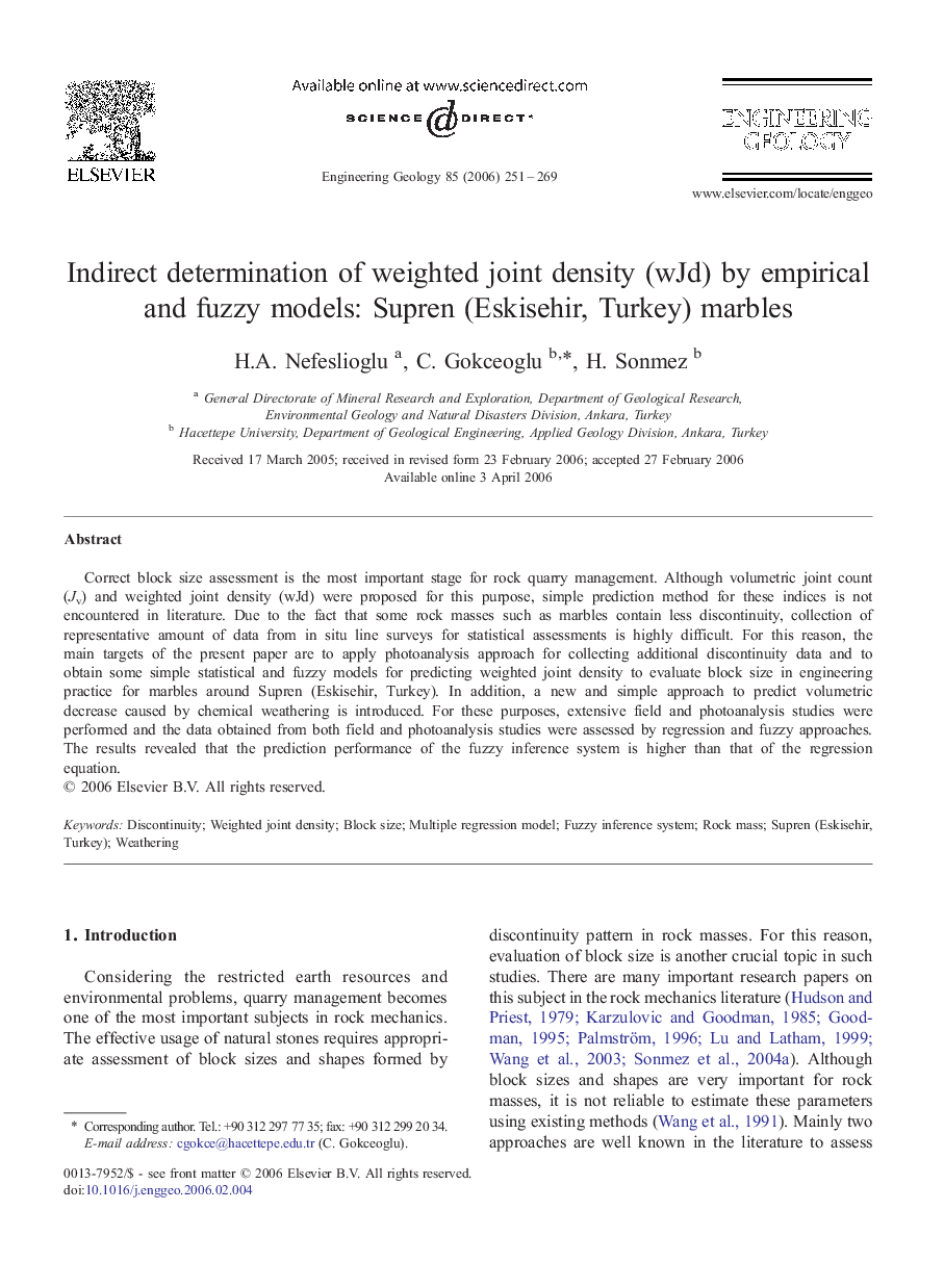 Indirect determination of weighted joint density (wJd) by empirical and fuzzy models: Supren (Eskisehir, Turkey) marbles