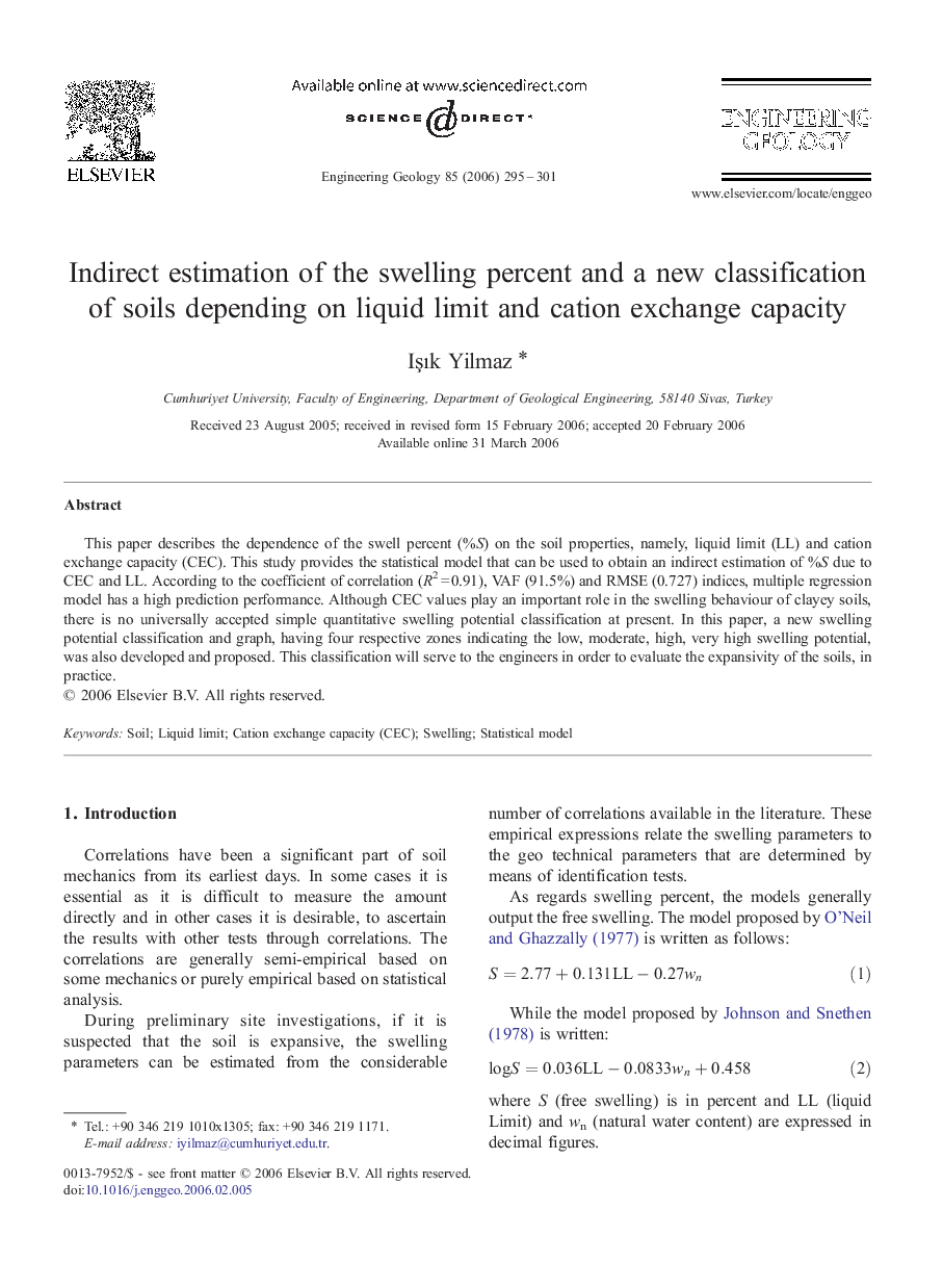 Indirect estimation of the swelling percent and a new classification of soils depending on liquid limit and cation exchange capacity