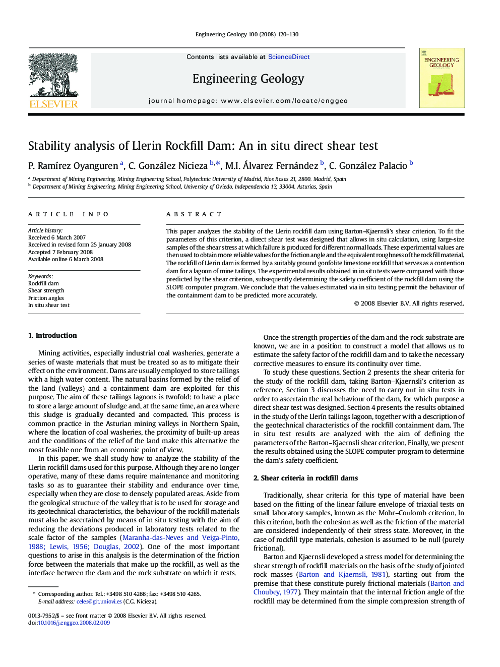 Stability analysis of Llerin Rockfill Dam: An in situ direct shear test