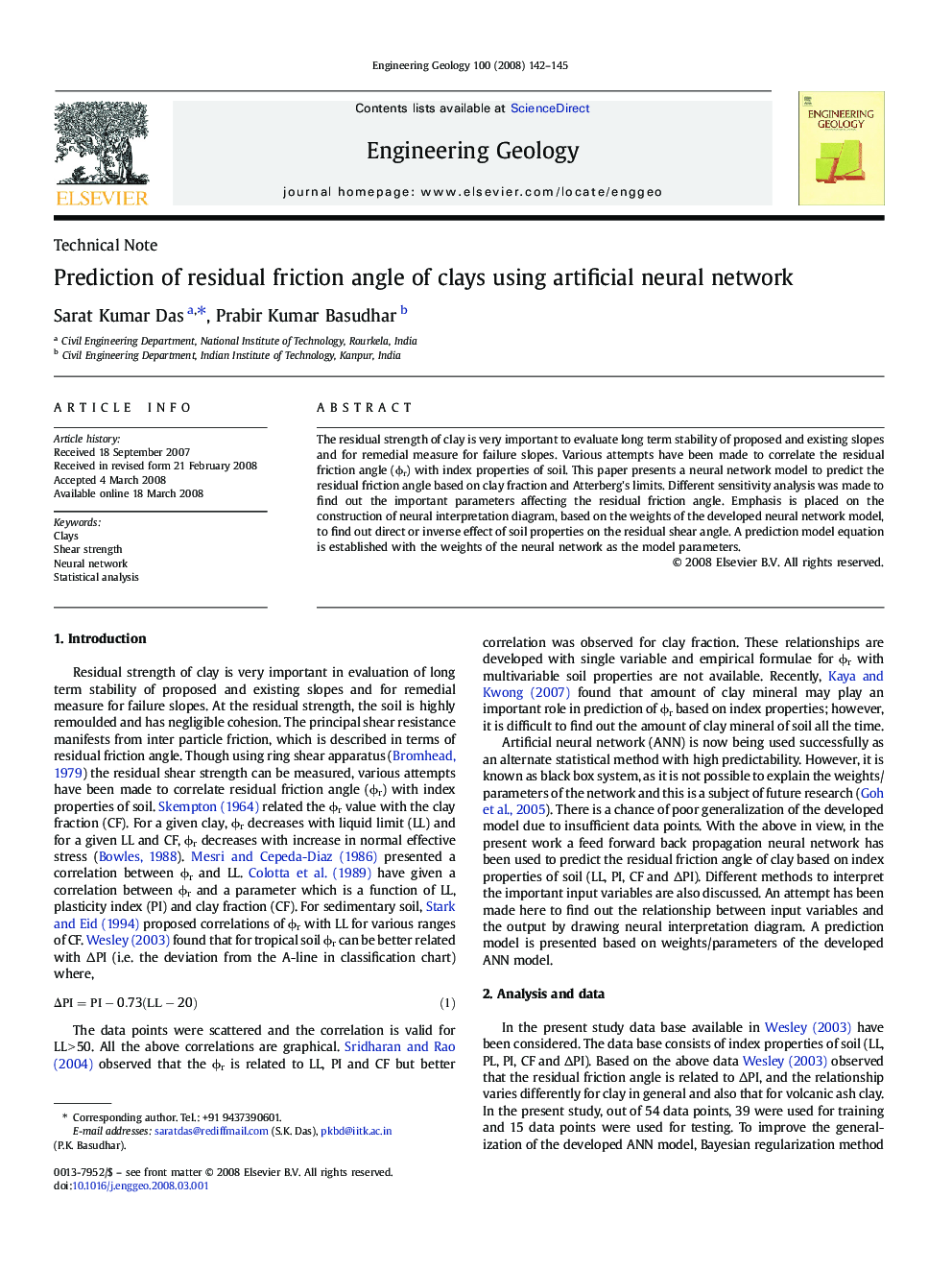 Prediction of residual friction angle of clays using artificial neural network