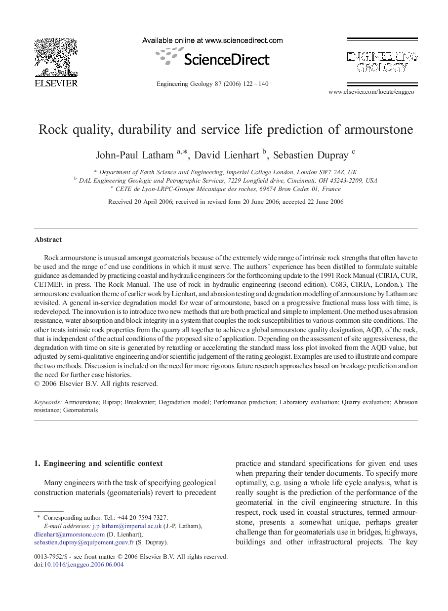 Rock quality, durability and service life prediction of armourstone