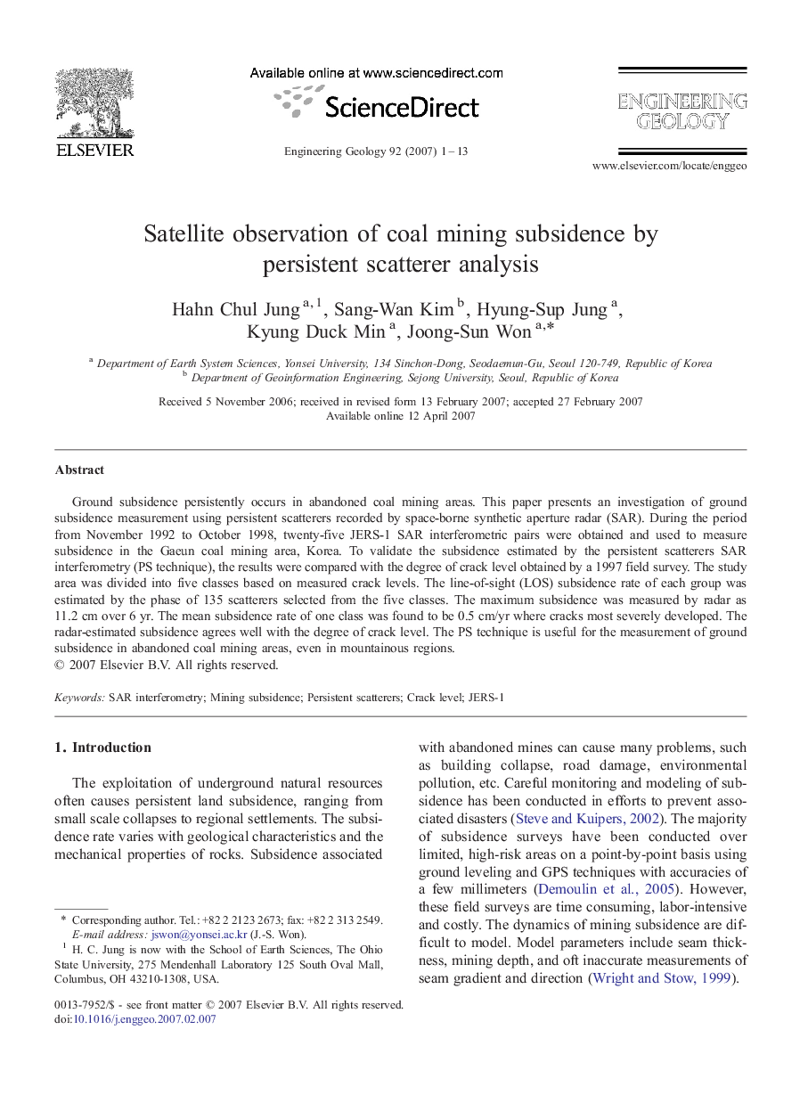 Satellite observation of coal mining subsidence by persistent scatterer analysis