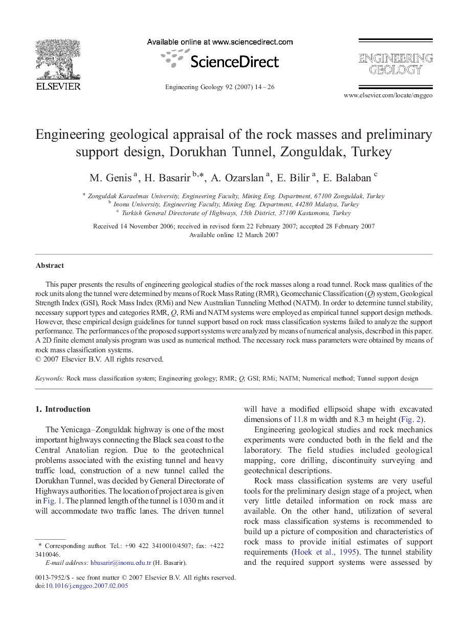 Engineering geological appraisal of the rock masses and preliminary support design, Dorukhan Tunnel, Zonguldak, Turkey