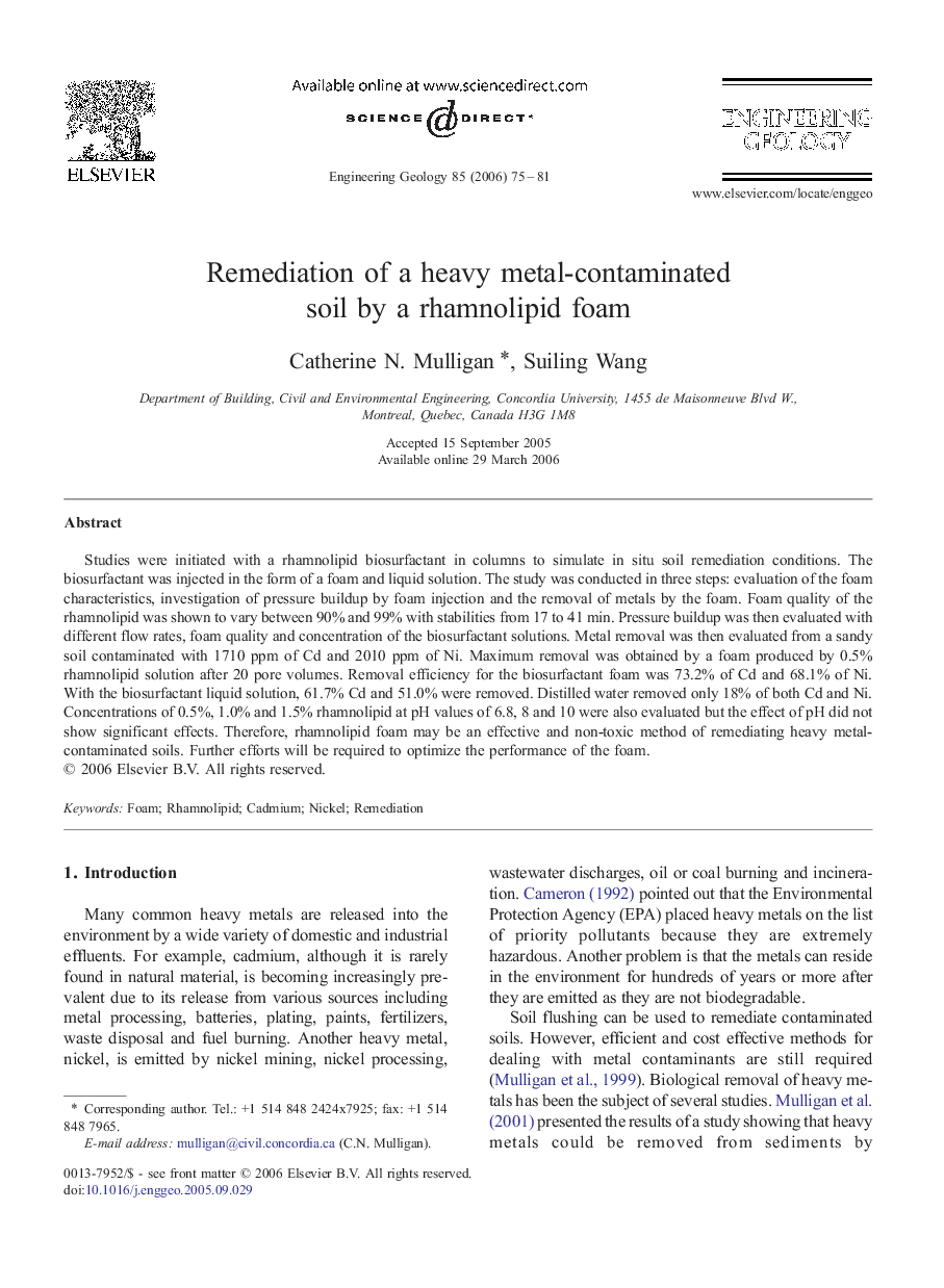 Remediation of a heavy metal-contaminated soil by a rhamnolipid foam