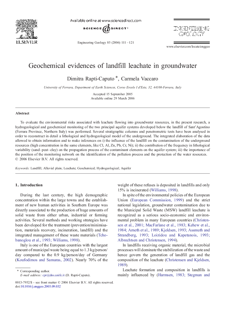 Geochemical evidences of landfill leachate in groundwater