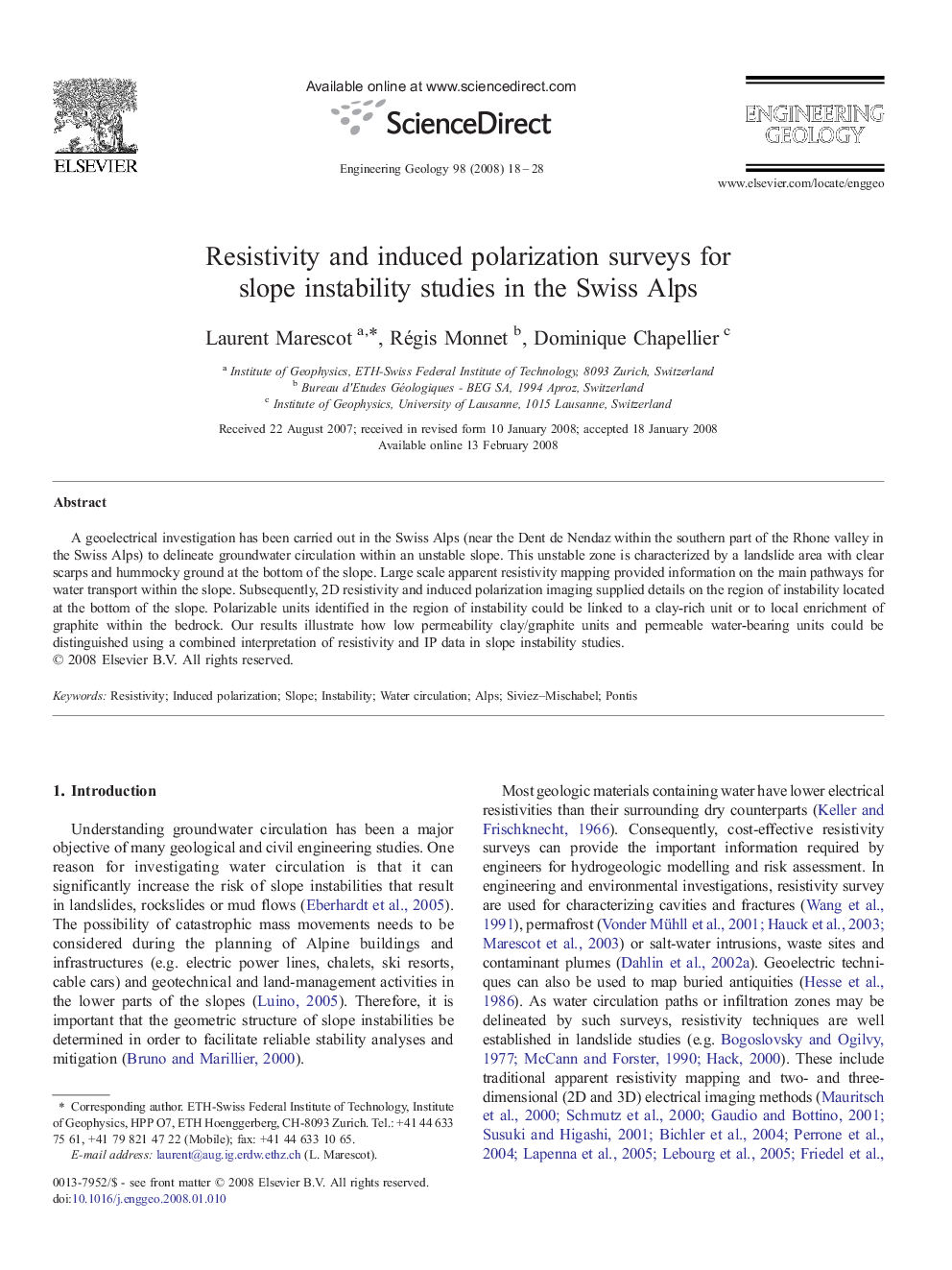 Resistivity and induced polarization surveys for slope instability studies in the Swiss Alps