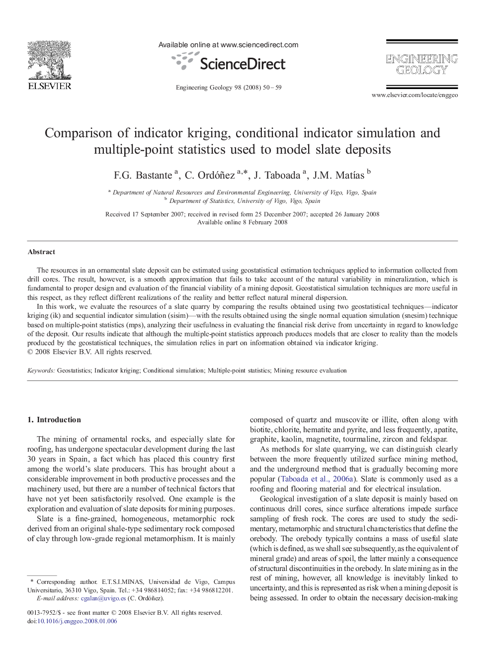 Comparison of indicator kriging, conditional indicator simulation and multiple-point statistics used to model slate deposits