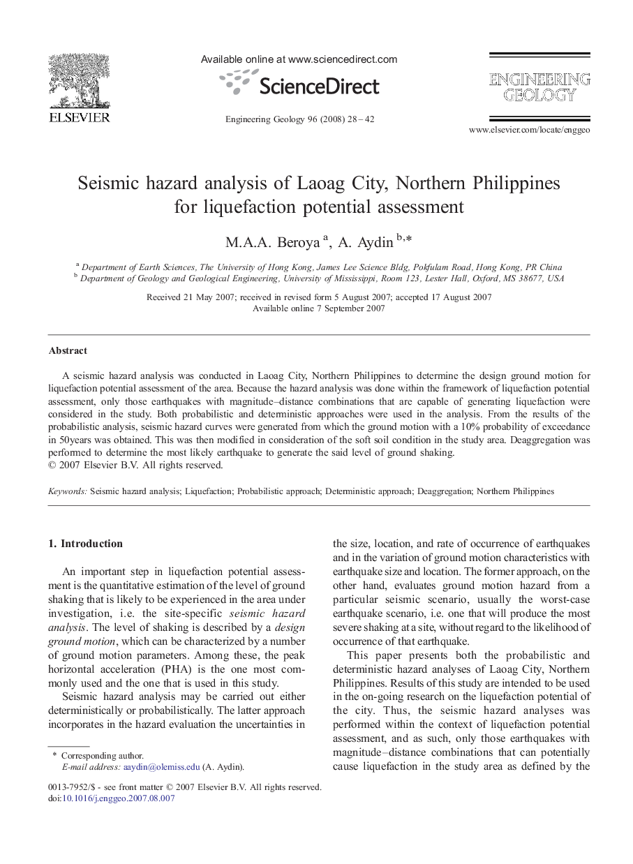 Seismic hazard analysis of Laoag City, Northern Philippines for liquefaction potential assessment