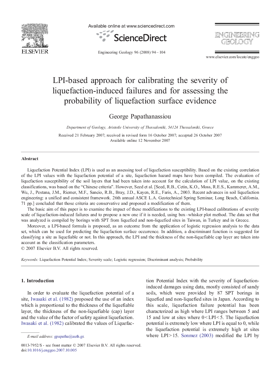 LPI-based approach for calibrating the severity of liquefaction-induced failures and for assessing the probability of liquefaction surface evidence