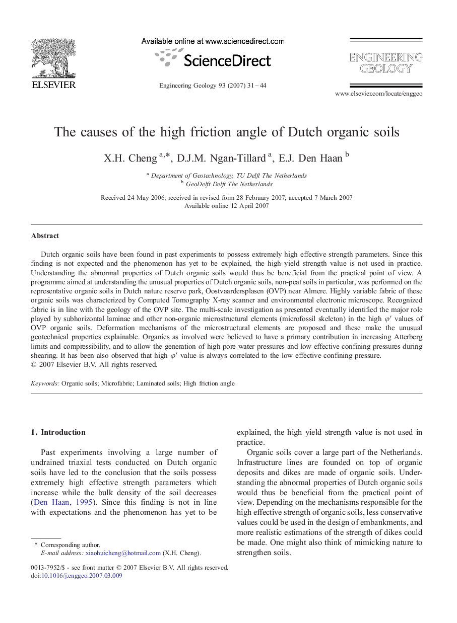 The causes of the high friction angle of Dutch organic soils