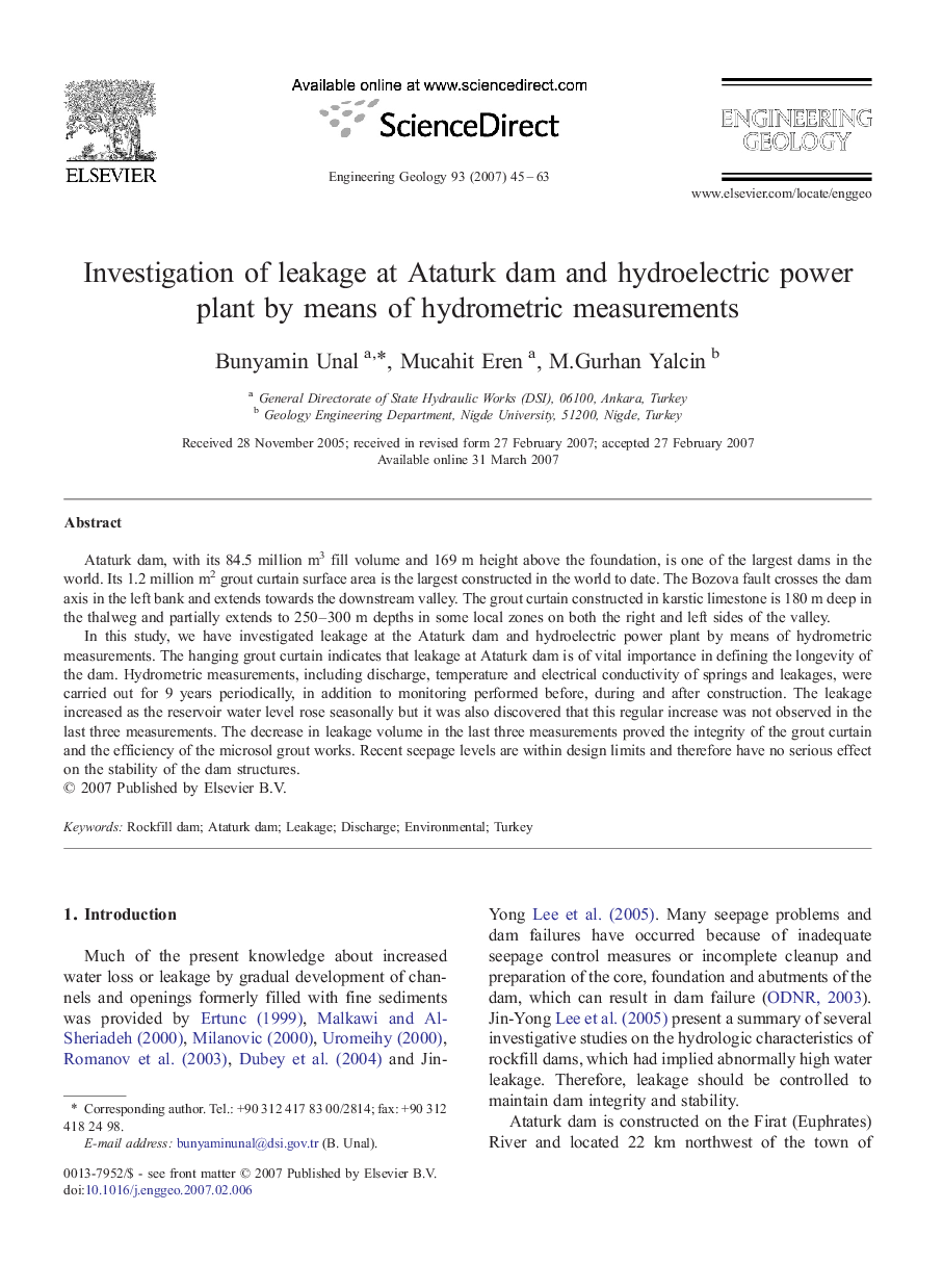 Investigation of leakage at Ataturk dam and hydroelectric power plant by means of hydrometric measurements