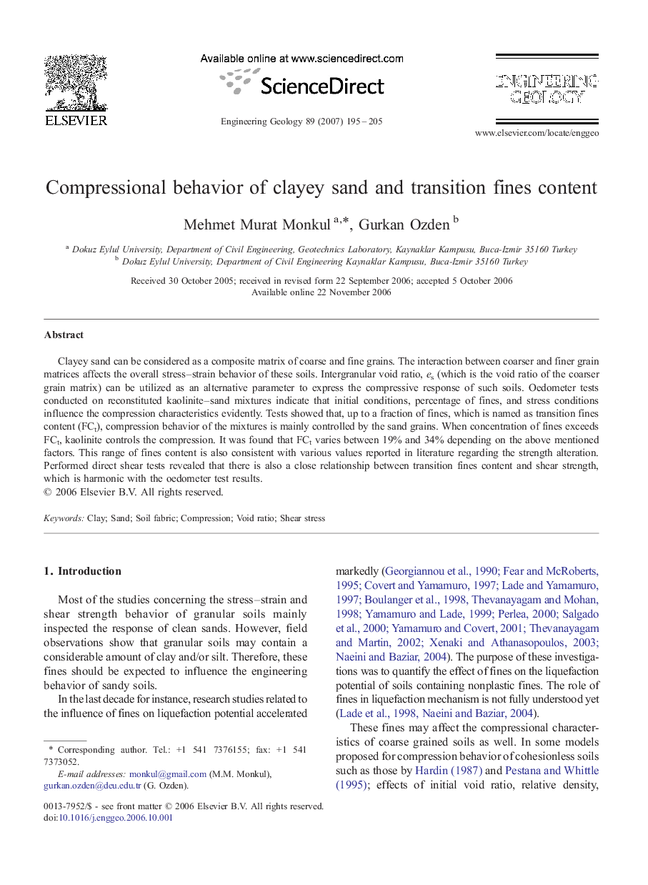 Compressional behavior of clayey sand and transition fines content