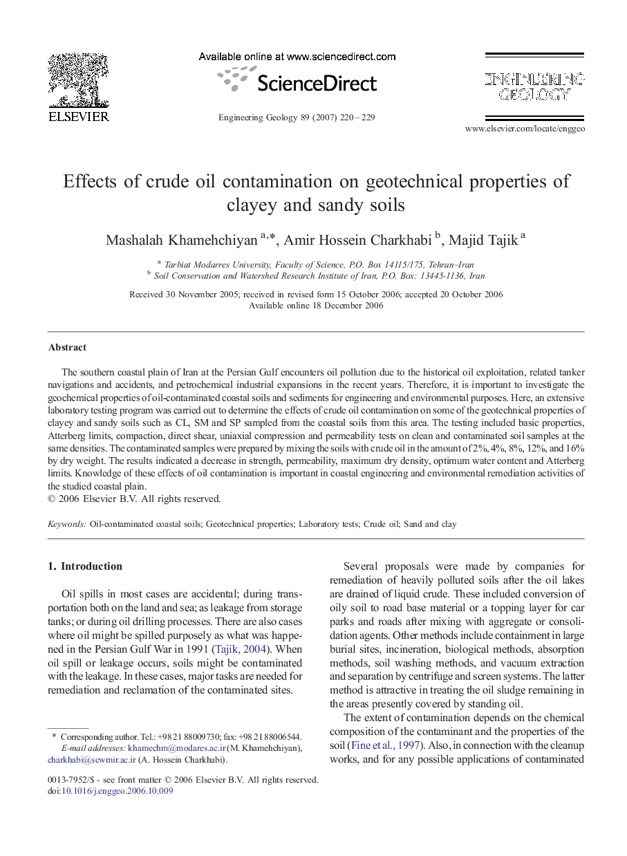 Effects of crude oil contamination on geotechnical properties of clayey and sandy soils