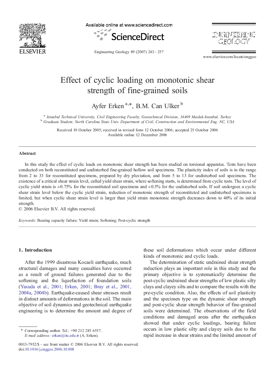 Effect of cyclic loading on monotonic shear strength of fine-grained soils