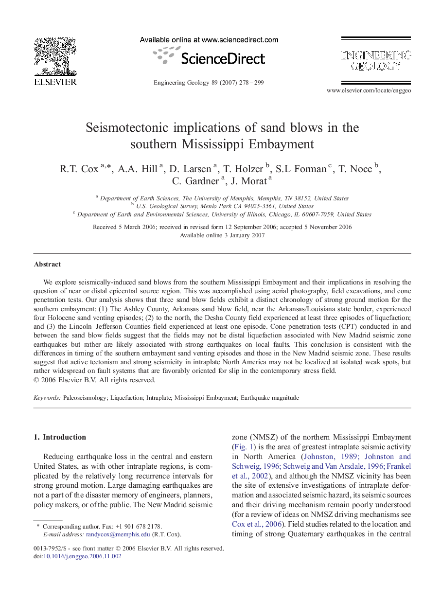 Seismotectonic implications of sand blows in the southern Mississippi Embayment