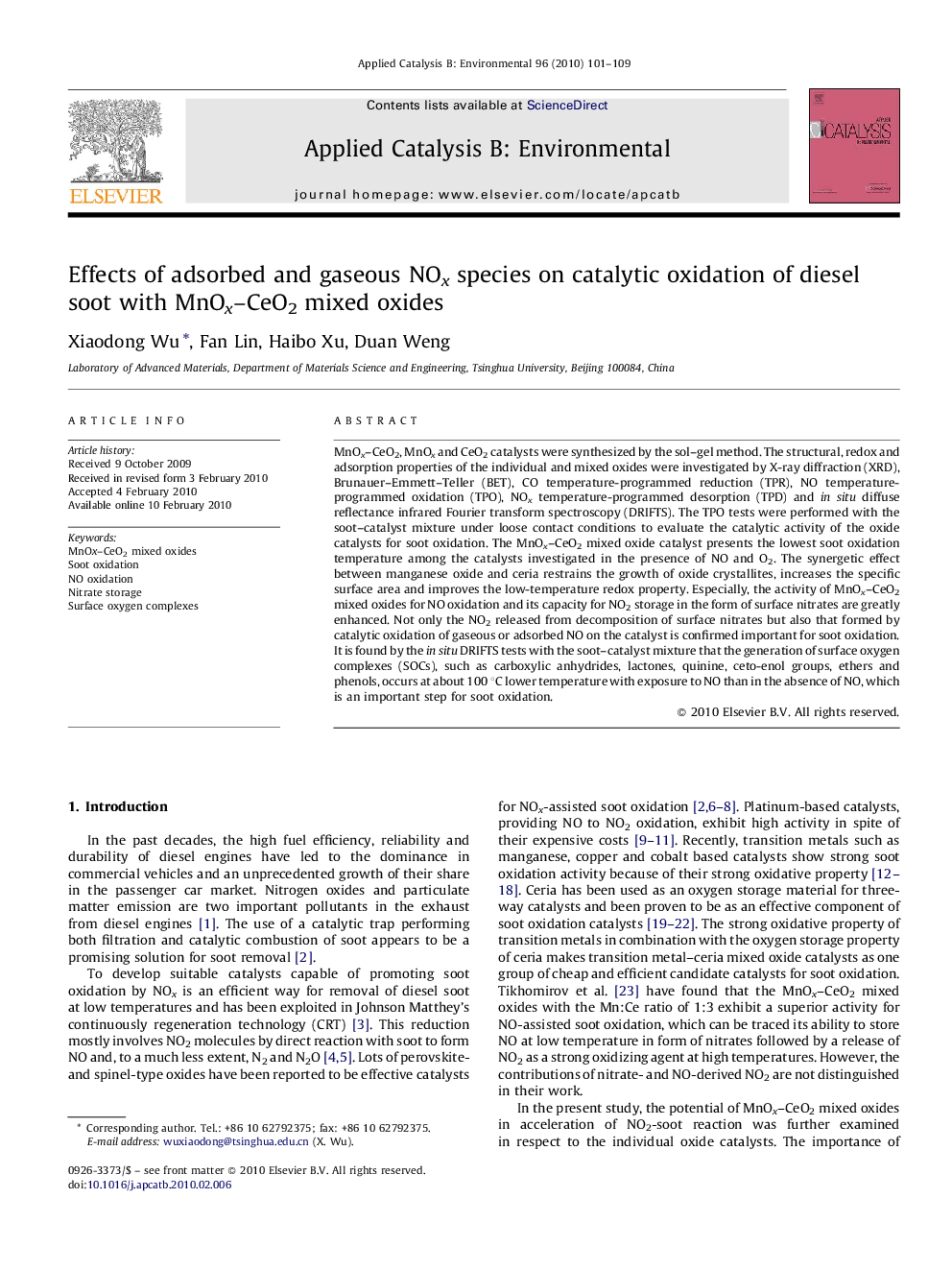 Effects of adsorbed and gaseous NOx species on catalytic oxidation of diesel soot with MnOx–CeO2 mixed oxides