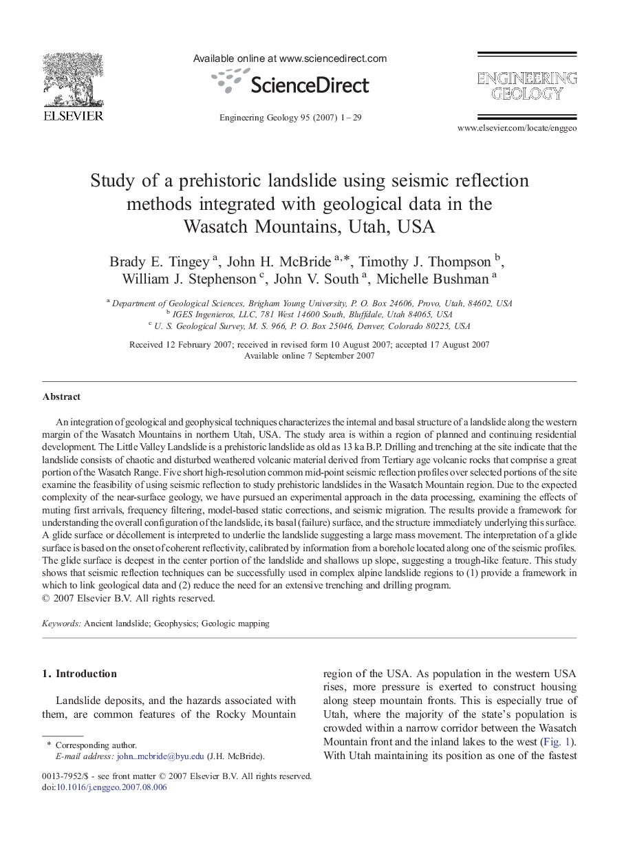 Study of a prehistoric landslide using seismic reflection methods integrated with geological data in the Wasatch Mountains, Utah, USA