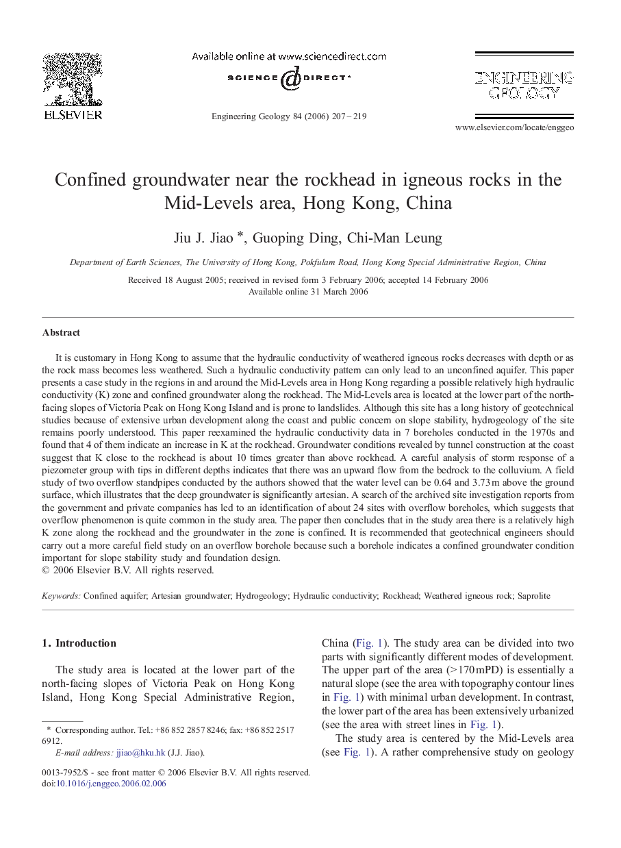 Confined groundwater near the rockhead in igneous rocks in the Mid-Levels area, Hong Kong, China