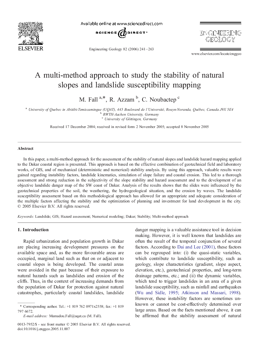 A multi-method approach to study the stability of natural slopes and landslide susceptibility mapping