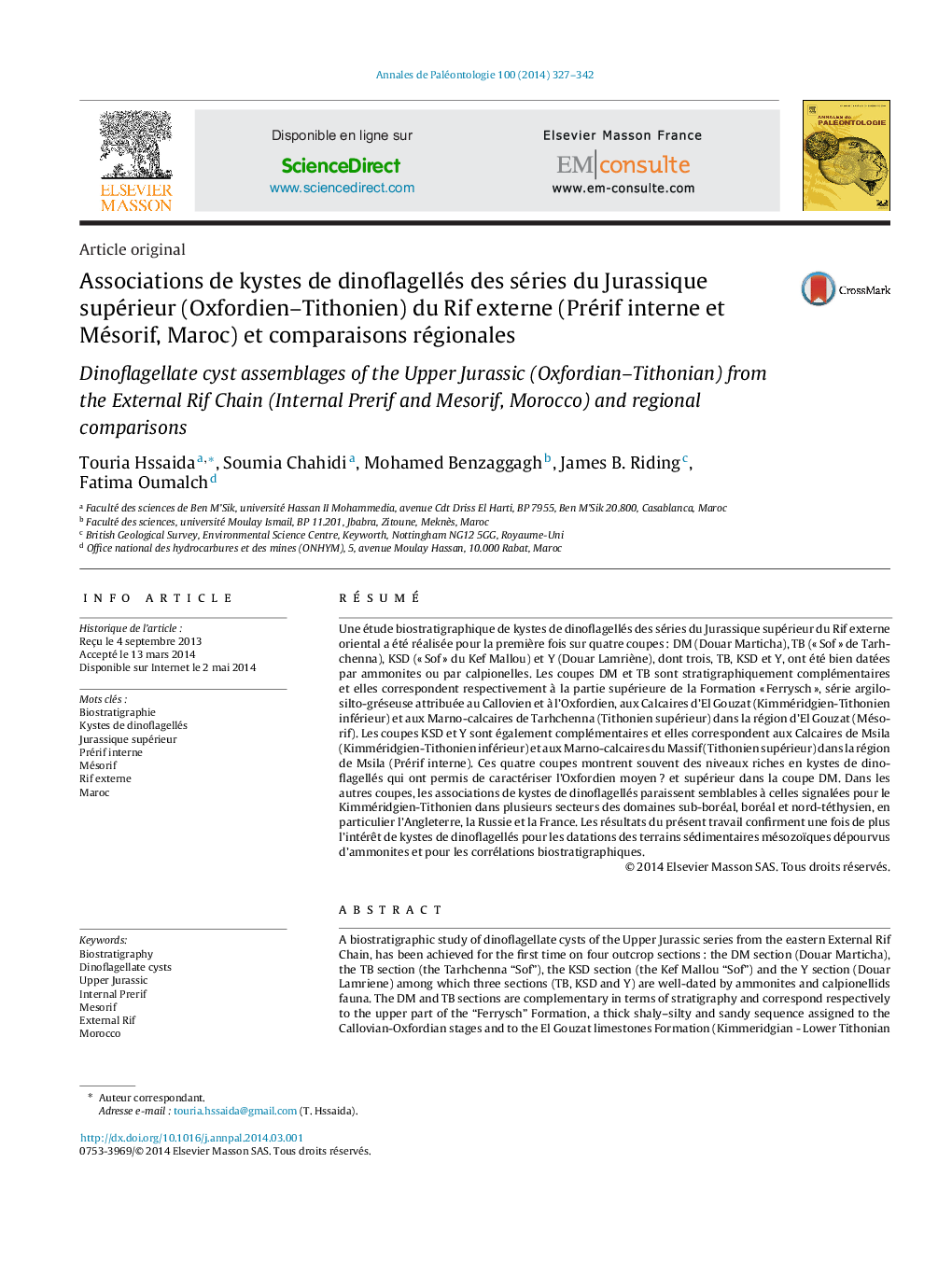 Associations de kystes de dinoflagellés des séries du Jurassique supérieur (Oxfordien–Tithonien) du Rif externe (Prérif interne et Mésorif, Maroc) et comparaisons régionales