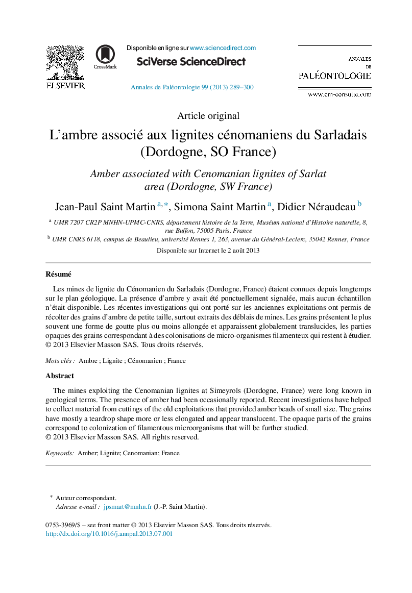 L’ambre associé aux lignites cénomaniens du Sarladais (Dordogne, SO France)