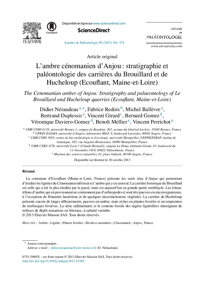 L’ambre cénomanien d’Anjou : stratigraphie et paléontologie des carrières du Brouillard et de Hucheloup (Ecouflant, Maine-et-Loire)