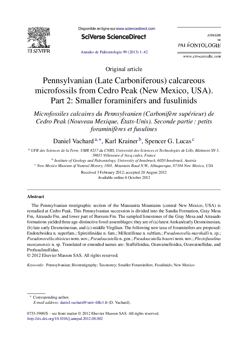 Pennsylvanian (Late Carboniferous) calcareous microfossils from Cedro Peak (New Mexico, USA). Part 2: Smaller foraminifers and fusulinids