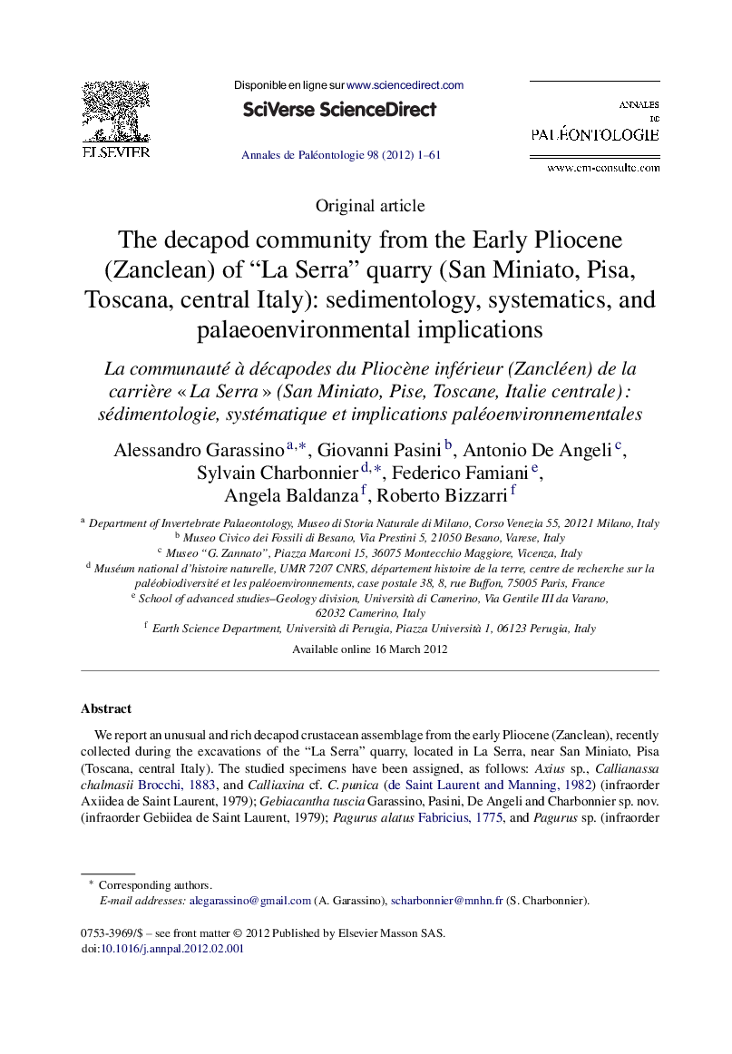 The decapod community from the Early Pliocene (Zanclean) of “La Serra” quarry (San Miniato, Pisa, Toscana, central Italy): sedimentology, systematics, and palaeoenvironmental implications