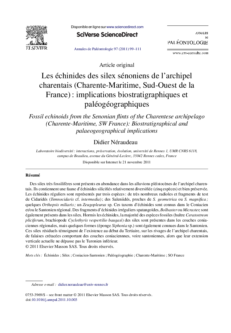 Les échinides des silex sénoniens de l'archipel charentais (Charente-Maritime, Sud-Ouest de la France)Â : implications biostratigraphiques et paléogéographiques