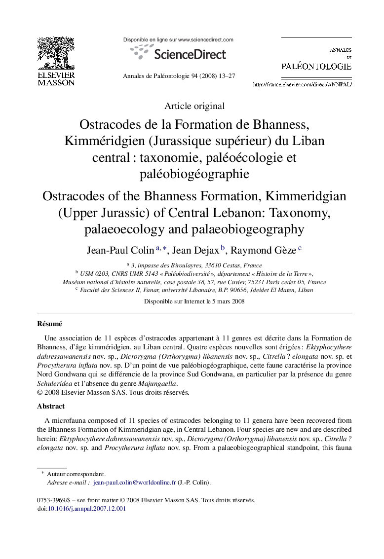 Ostracodes de la Formation de Bhanness, Kimméridgien (Jurassique supérieur) du Liban centralÂ : taxonomie, paléoécologie et paléobiogéographie