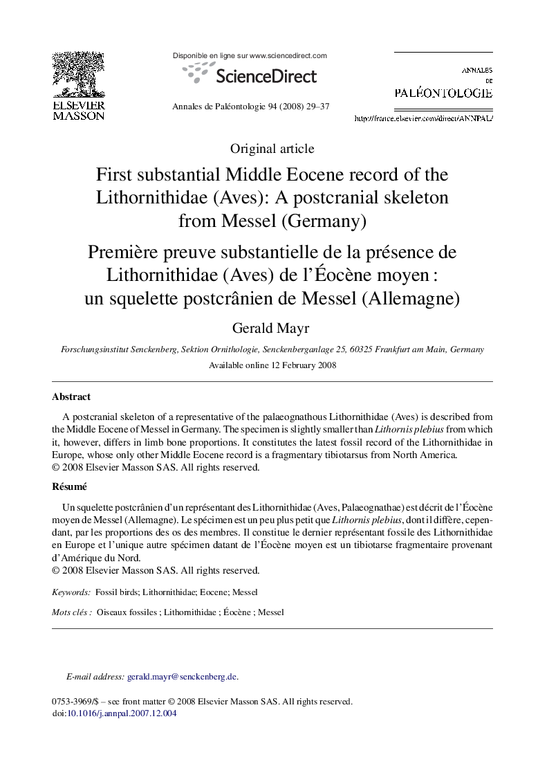 First substantial Middle Eocene record of the Lithornithidae (Aves): A postcranial skeleton from Messel (Germany)