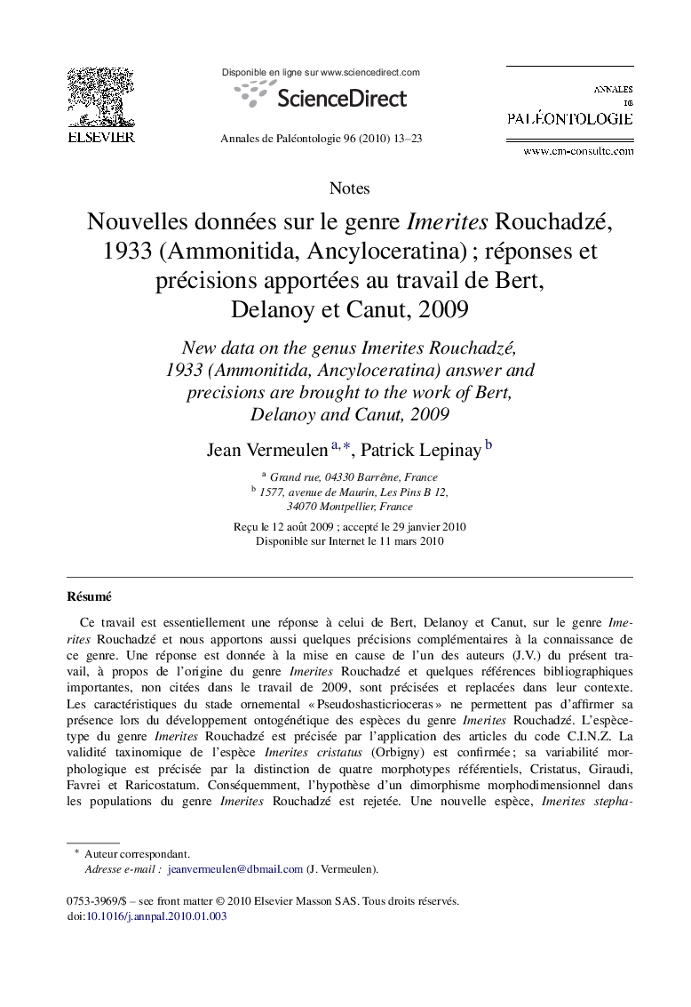 Nouvelles données sur le genre Imerites Rouchadzé, 1933 (Ammonitida, Ancyloceratina) ; réponses et précisions apportées au travail de Bert, Delanoy et Canut, 2009