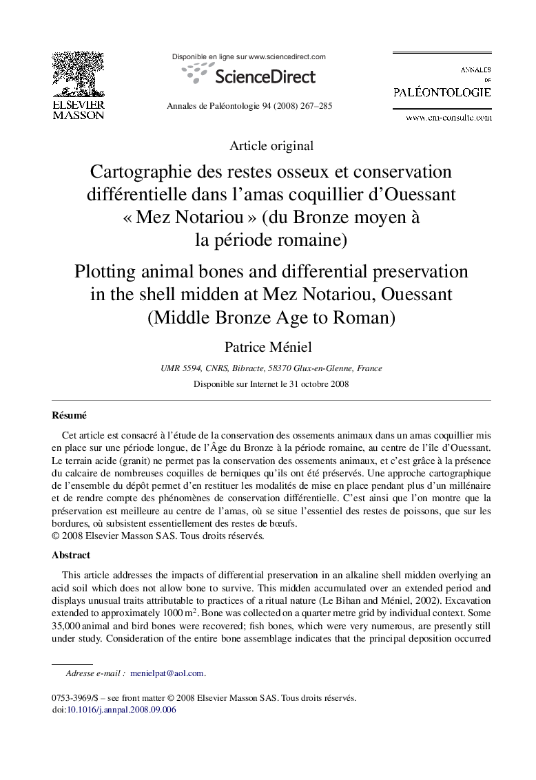 Cartographie des restes osseux et conservation différentielle dans l’amas coquillier d’Ouessant « Mez Notariou » (du Bronze moyen à la période romaine)