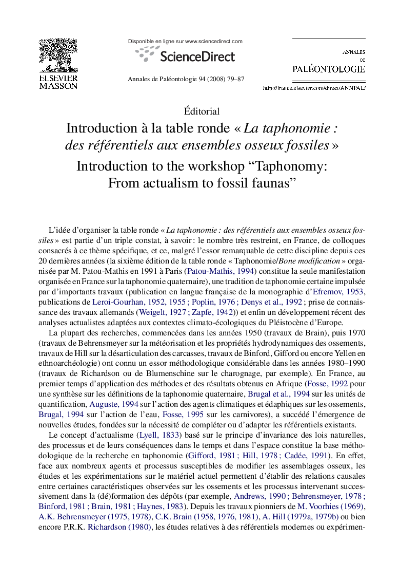 Introduction Ã  la table ronde Â«Â La taphonomieÂ : des référentiels aux ensembles osseux fossilesÂ Â»